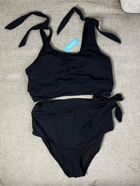 VONIQUE Black Tie-Shoulder High-Waist Bikini Set